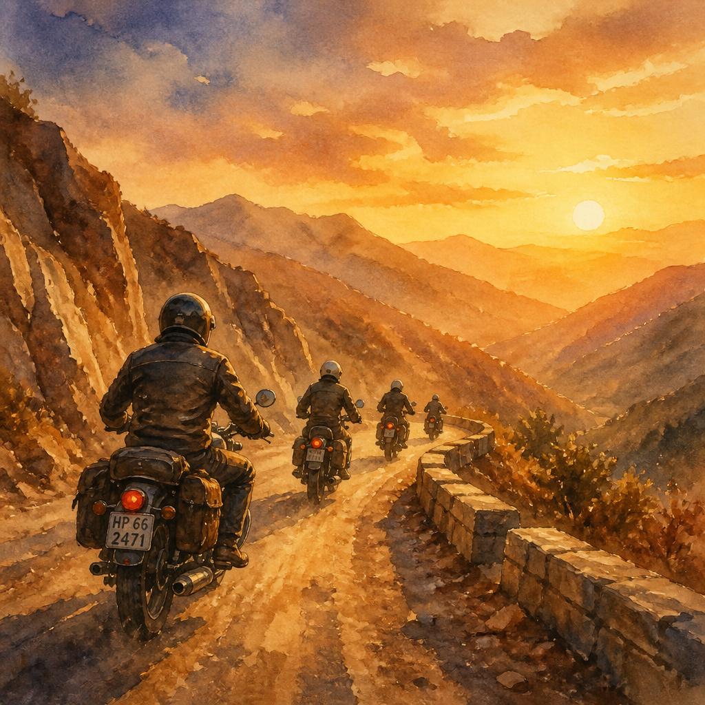 Grup de motocicliști pe serpentine, la apus