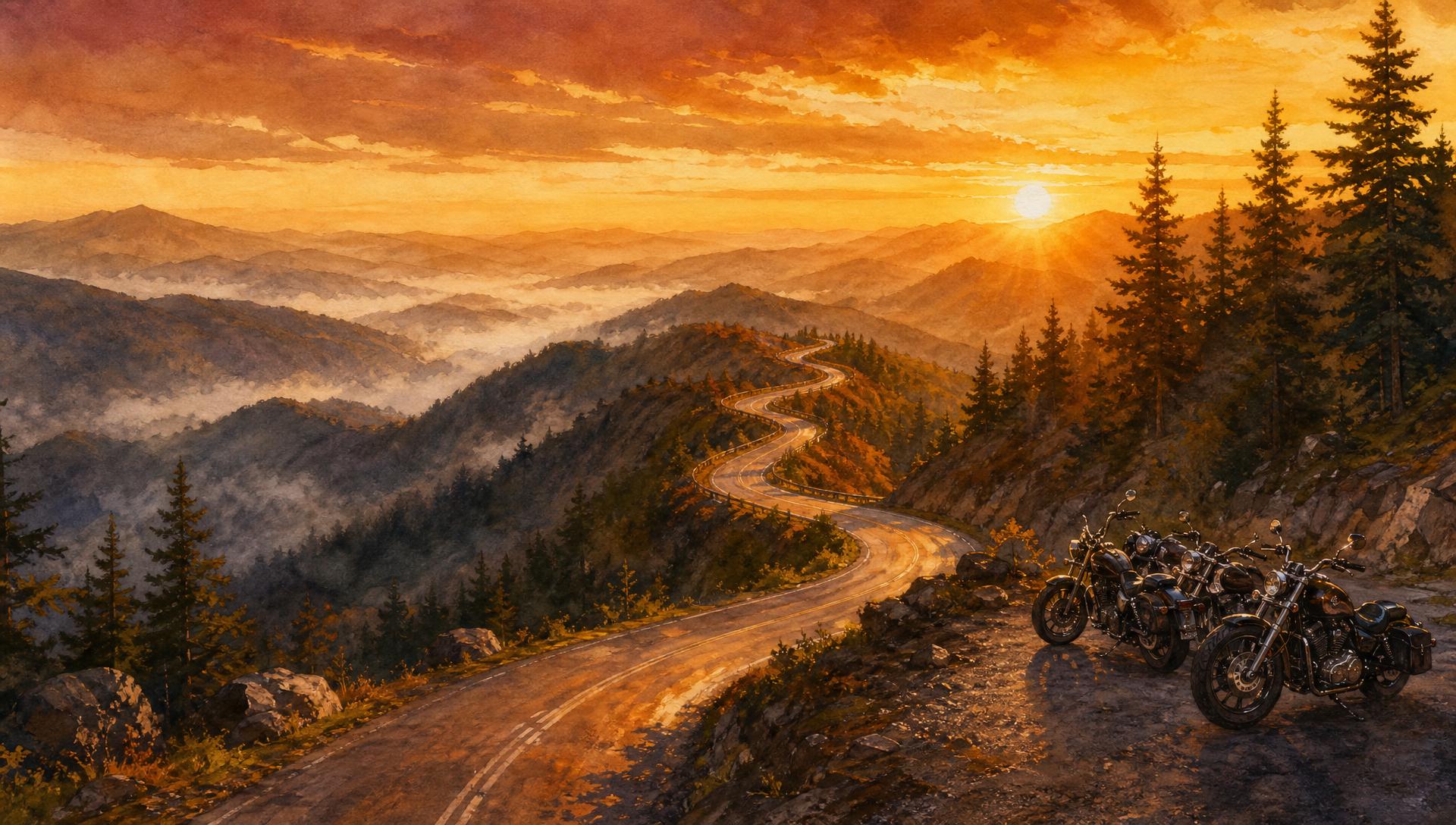 Serpentine de munte la apus, cu motociclete parcate